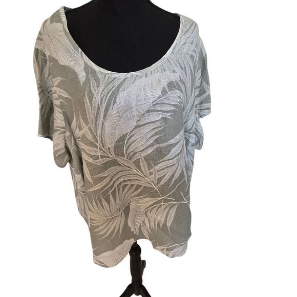 Tahari Womens Tropical Leaf Linen Short Sleeve Blouse Light Green White 2X Plus - Picture 1 of 12